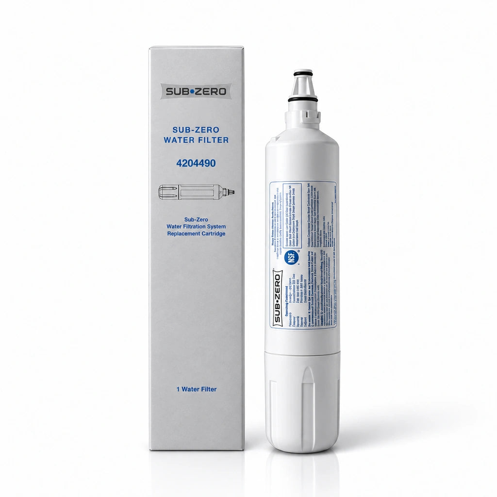 Sub-Zero 4204490 refrigerator water filter with original packaging, showing one replacement water filter cartridge on a white background.